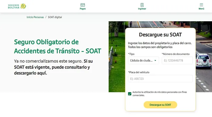 Formulario de consulta de SOAT de Seguros Bolívar