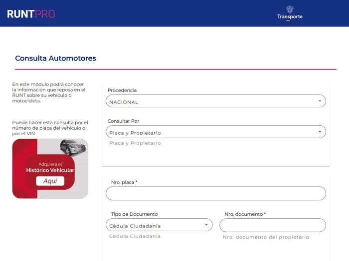 Formulario de consulta de vehículo en el portal público del RUNT