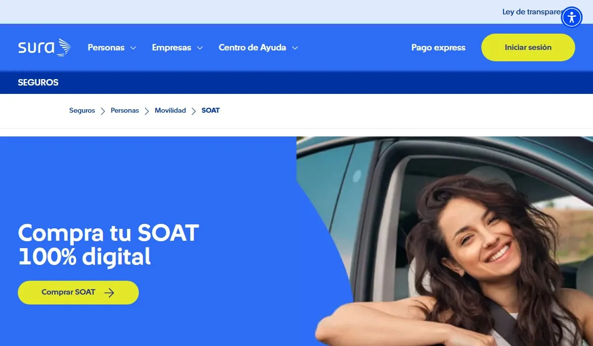 Formulario de descarga de SOAT de SURA, con los campos de tipo de documento, número de documento y placa