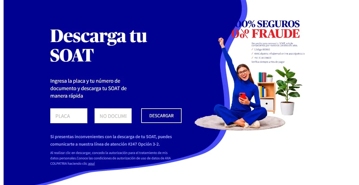Formulario de descarga de SOAT de AXA Colpatria, con los campos de placa y número de documento