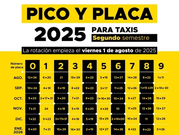 Pico y placa en Medellín para taxis durante el segundo semestre del año 2025