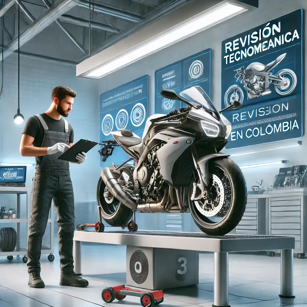 Un técnico realizando la revisión tecnomecánica de una motocicleta.